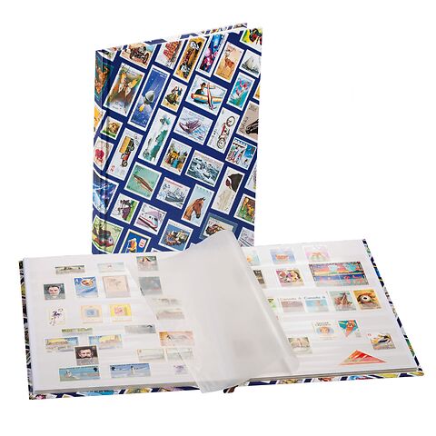 Hobby stockbook DIN A4 with stamps motif, 16 white pages, blue