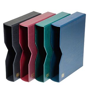 Premium slipcase for stockbook DIN A4, 64 black pages, padded leather* cover, blue