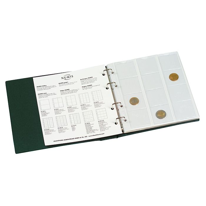 Numis coin album, with 5 pocket sheets, green