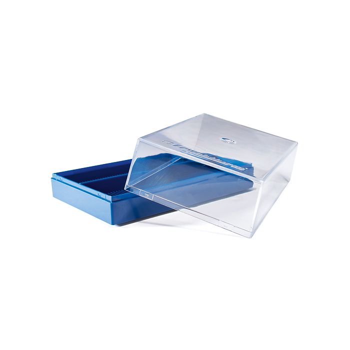 Plastic box for 100 coin holders, blue