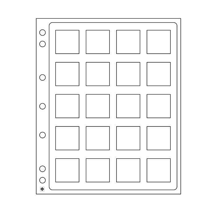 Encap Plastic sheets, clear pockets for 20 square coin capsules Quadrum 50 x 50 mm