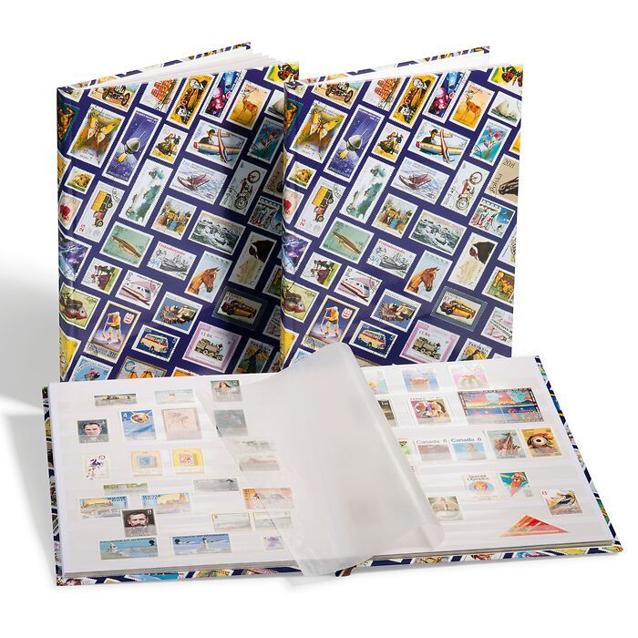 Hobby stockbook DIN A4 with stamps motif, 16 white pages, blue