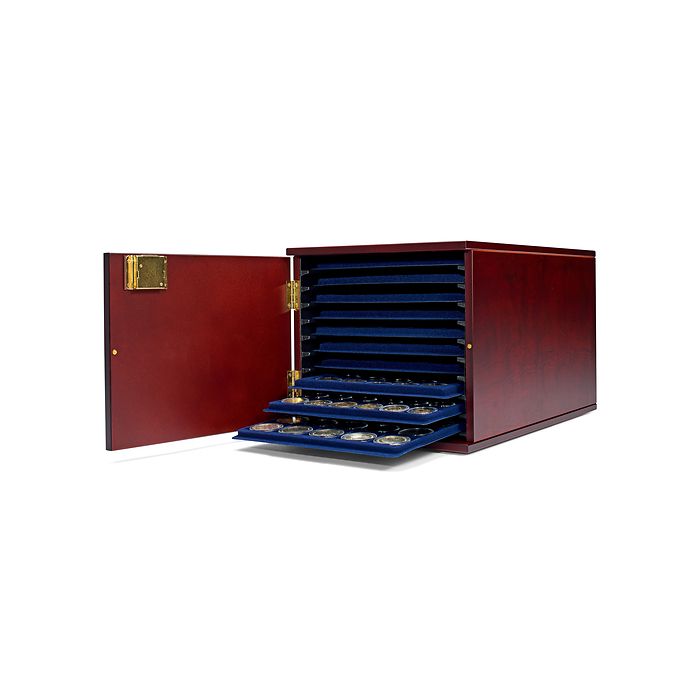 Coin cabinet for 10 coin trays in L-format, mahogany-coloured