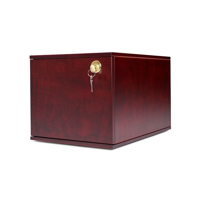 Coin cabinet for 10 coin trays in L-format, mahogany-coloured