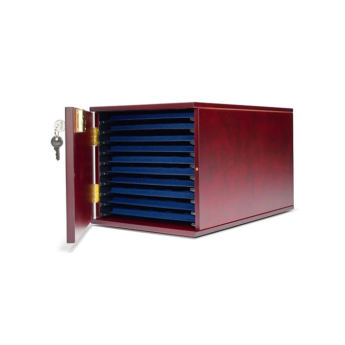 Coin cabinet for 10 coin trays in L-format, mahogany-coloured