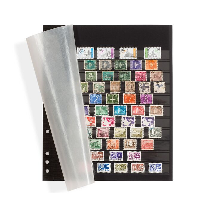 Omgea insert stock sheets, black carton with 11 clear strips, glassine protective sheet