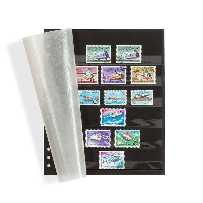 Omgea insert stock sheets, black carton with 6 clear strips, glassine protective sheet