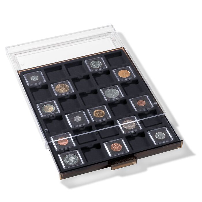 MB coin box with 30 square Compartments, 38 x 38 mm, smoke-coloured with black inlay