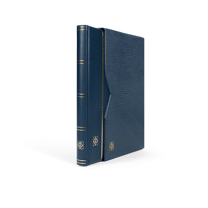 Stockbook Premium, A4, 32 black pages, padded leather* cover  incl. slipcase, blue