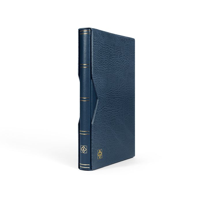 Stockbook Premium, A4, 32 black pages, padded leather* cover  incl. slipcase, blue