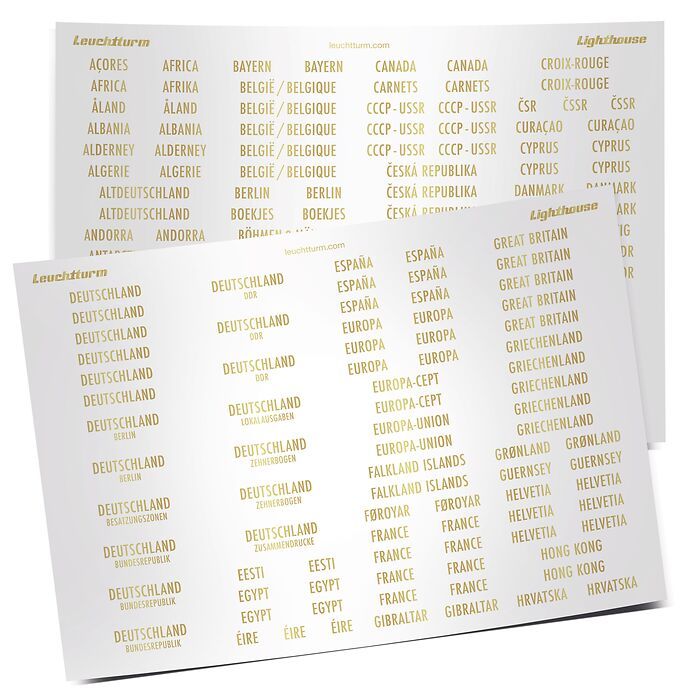 Country labels with gold lettering, including additional labels, 6 pages